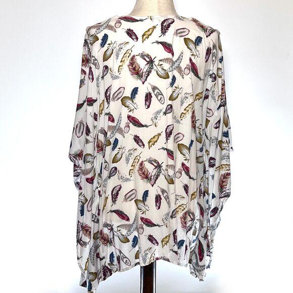 Umgee Cream Feather Print Batwing Boho Women's Top L - Picture 5 of 7
